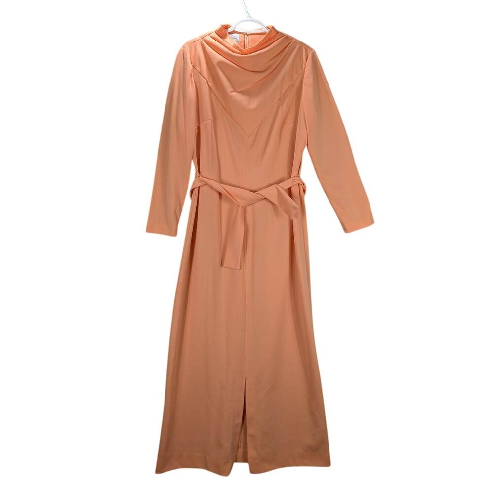 Vintage Stoner Square Dress 18 Peach Long Sleeve Cowl Neck Zip Tie Belt READ